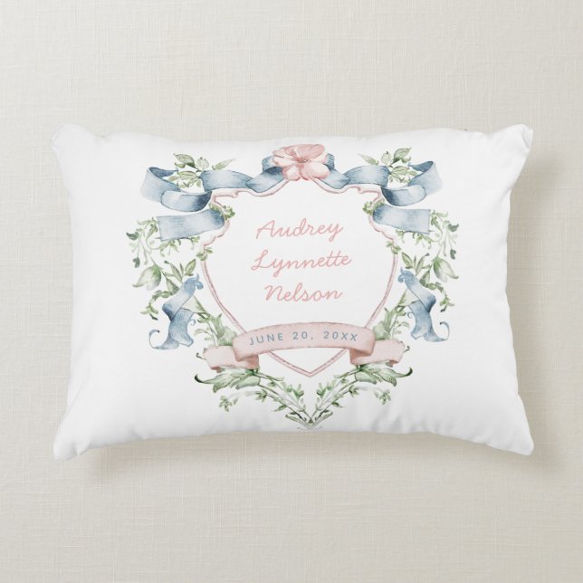Blue and Pink Grandmillennial Ribbon Crest Baby Decorative Cushion (Front)