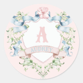 Blue and Pink Grandmillennial Ribbon Crest  Classic Round Sticker