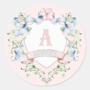 Blue and Pink Grandmillennial Ribbon Crest  Classic Round Sticker