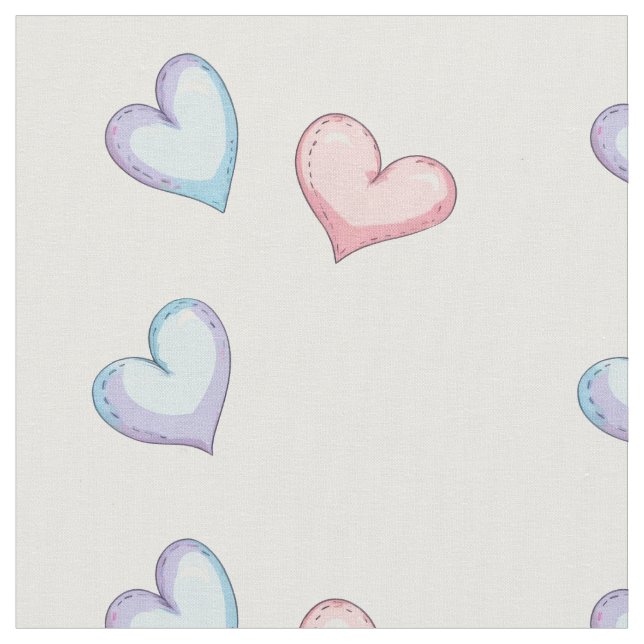 Blue and pink hearts on a white background fabric (Close Up)