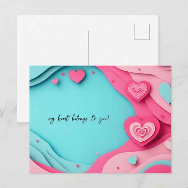 Blue and Pink Hearts Papercut Valentine's Day Postcard (Front/Back)