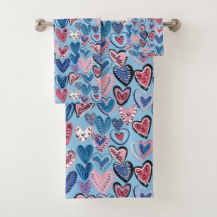 Blue and Pink  Hearts Watercolor Hand Drawn  Bath Towel Set
