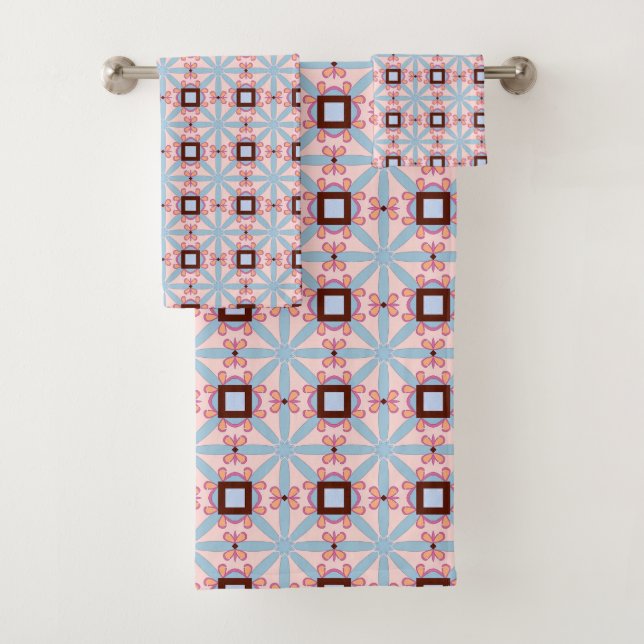Blue and pink hues geometric patterned  bath towel set (Insitu)
