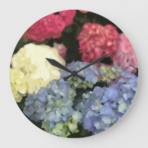 Blue and Pink Hydrangea Digital Flower Painting Large Clock