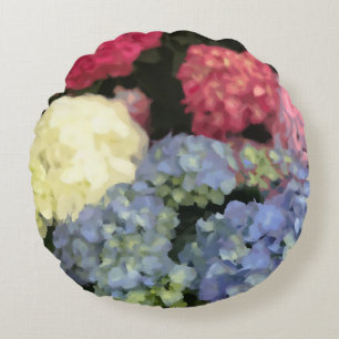 Blue and Pink Hydrangea Digital Flower Painting Round Cushion