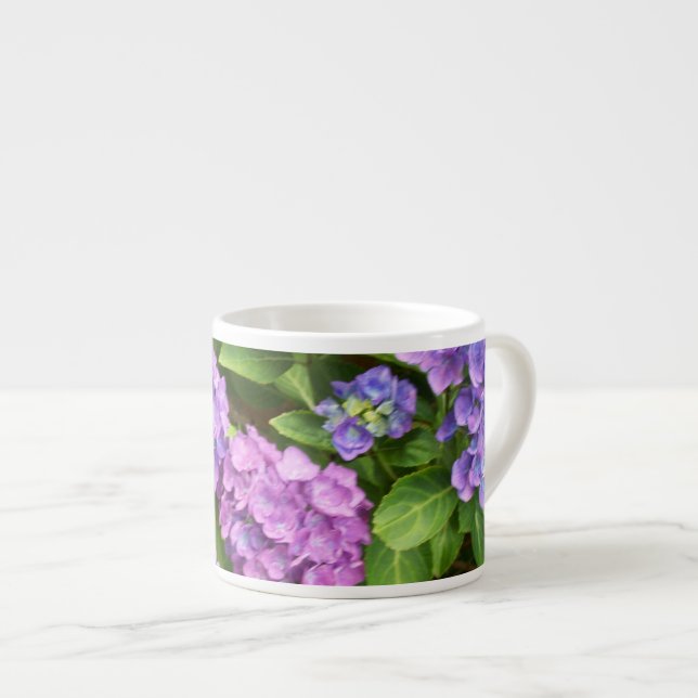 Blue and Pink Hydrangea Espresso Mug (Front Right)