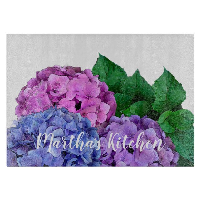 Blue and Pink Hydrangea Flowers Personalised  Cutting Board (Front)
