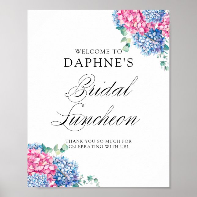 Blue and Pink Hydrangeas Bridal Luncheon Welcome Poster (Front)