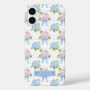 Blue and Pink Hydrangeas Striped iPhone 16 Plus Case