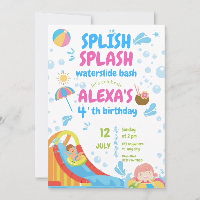 Blue and Pink Inflatable Pool Party Girl Birthday Invitation (Front)