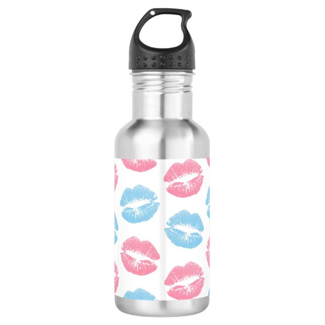 Blue and Pink Lips Pattern, Lipstick, Kiss 532 Ml Water Bottle (Front)