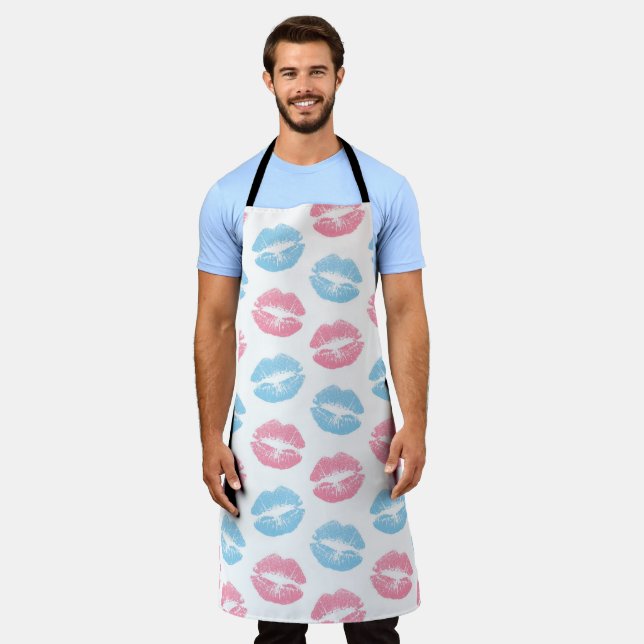 Blue and Pink Lips Pattern, Lipstick, Kiss Apron (Worn)