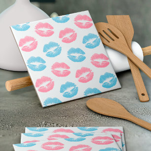 Blue and Pink Lips Pattern, Lipstick, Kiss Ceramic Tile