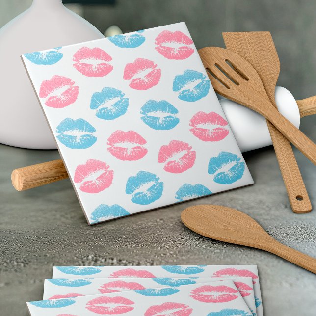 Blue and Pink Lips Pattern, Lipstick, Kiss Ceramic Tile (Creator Uploaded)