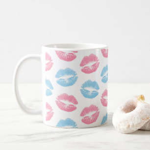 Blue and Pink Lips Pattern, Lipstick, Kiss Coffee Mug