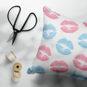 Blue and Pink Lips Pattern, Lipstick, Kiss Decorative Cushion