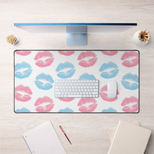 Blue and Pink Lips Pattern, Lipstick, Kiss Desk Mat