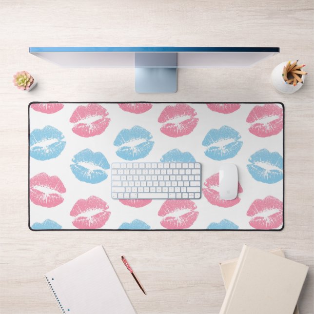 Blue and Pink Lips Pattern, Lipstick, Kiss Desk Mat (Office 1)