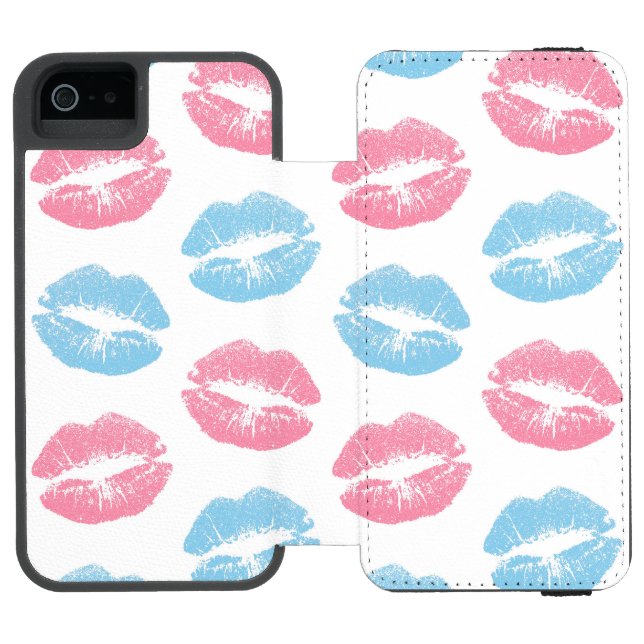 Blue and Pink Lips Pattern, Lipstick, Kiss Incipio iPhone Wallet Case (Folio Open)