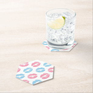 Blue and Pink Lips Pattern, Lipstick, Kiss Paper Coaster