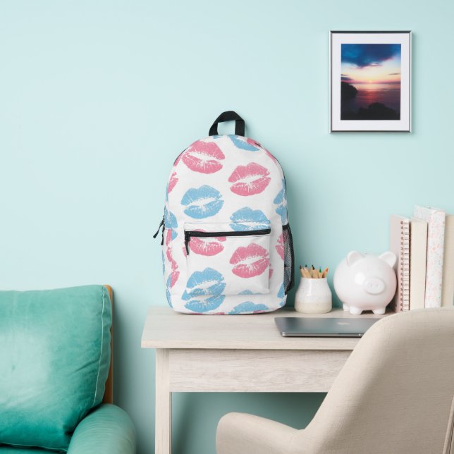 Blue and Pink Lips Pattern, Lipstick, Kiss Printed Backpack (Insitu)
