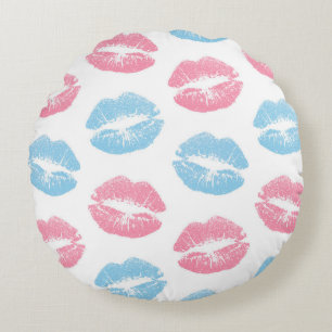 Blue and Pink Lips Pattern, Lipstick, Kiss Round Cushion