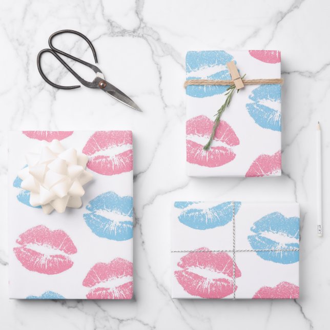 Blue and Pink Lips Pattern, Lipstick, Kiss Wrapping Paper Sheet (Front)