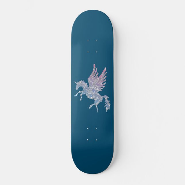 Blue and Pink Mandala Pattern Unicorn Pegasus Skateboard (Front)