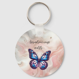 Blue and Pink Monarch Butterfly with Saying Key Ring