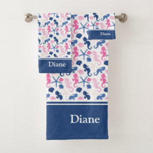 Blue and Pink Ocean Seashell Pattern with Name  Bath Towel Set