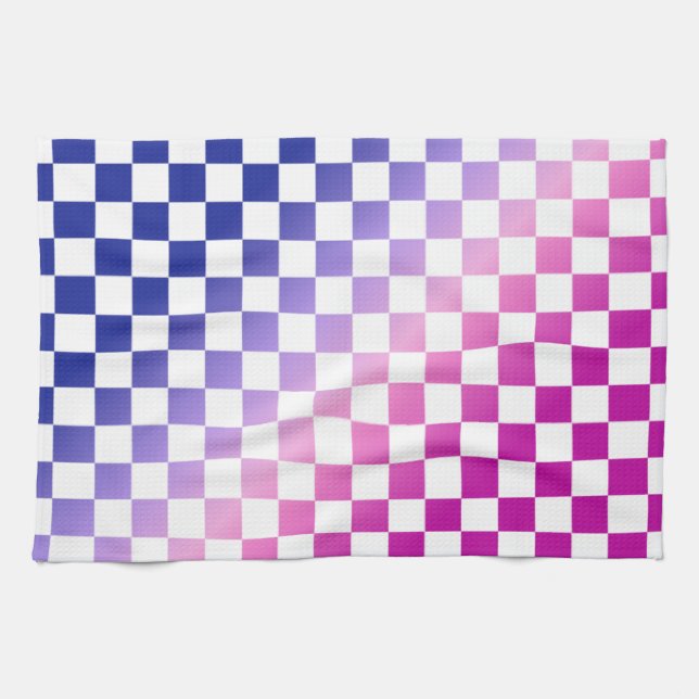 Blue and Pink Ombre Chequered Pattern Tea Towel (Horizontal)