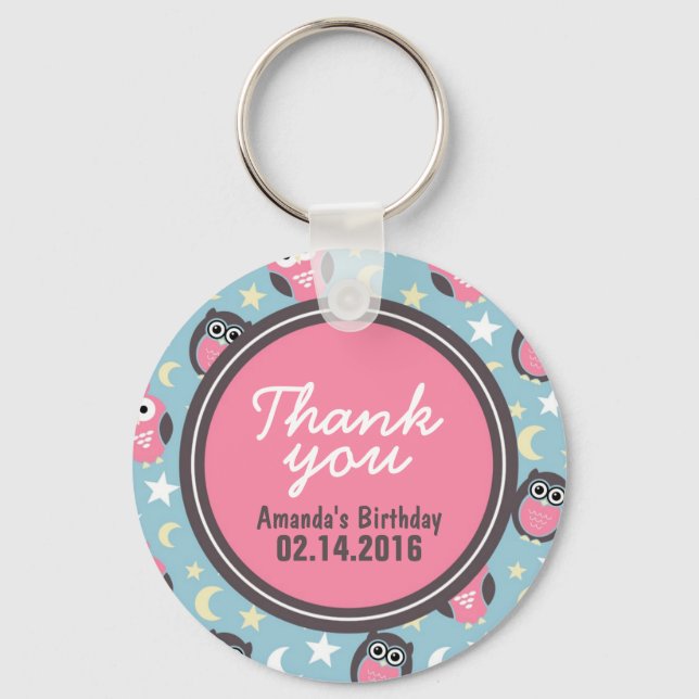 Blue and Pink Owl Birthday Thank You Keychain (Front)