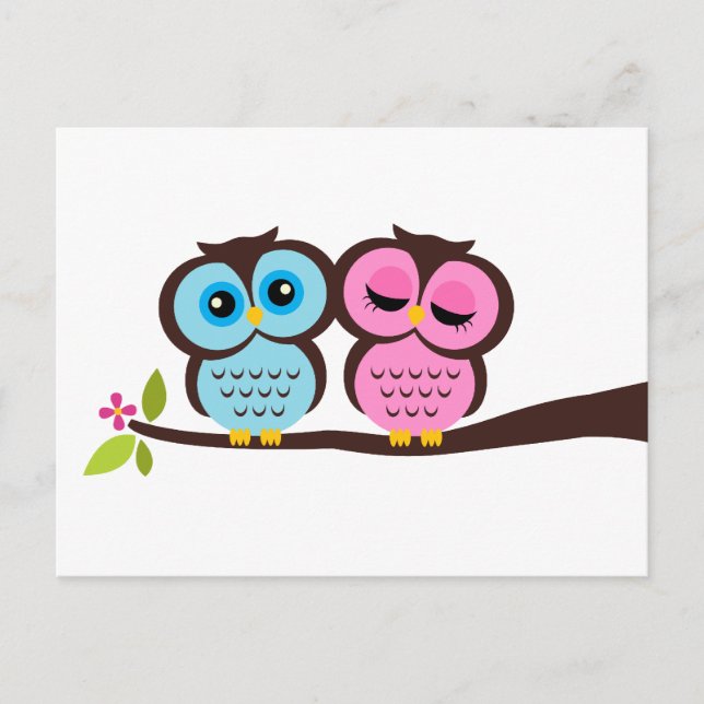 Blue and Pink Owls Wedding Invitation Postcard (Front)