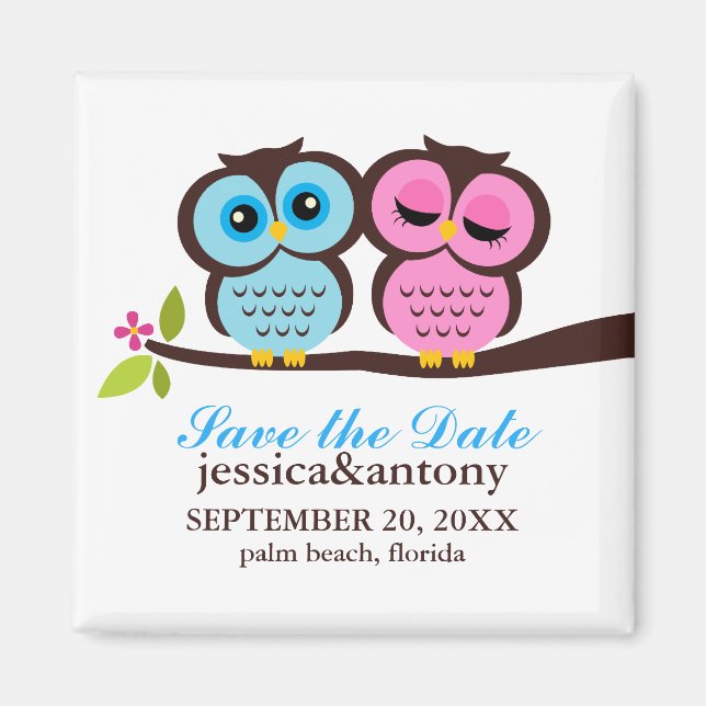 Blue and Pink Owls Wedding Magnet (Front)