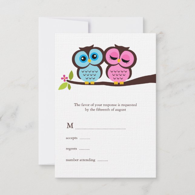 Blue and Pink Owls Wedding RSVP Card (Front)