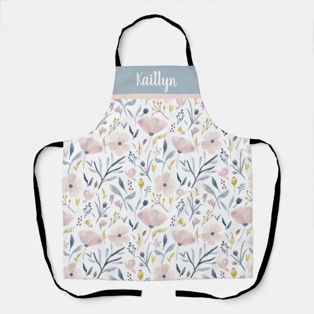 Blue and Pink Pastel Floral Garden Pattern Custom Apron (Front)