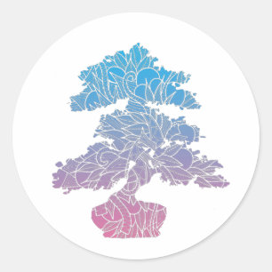 Blue and Pink Pattern Bonsai Tree Classic Round Sticker