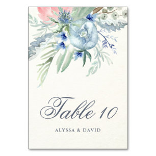 Blue and Pink Peonies Wedding Table Number