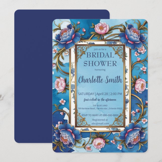Blue and Pink Peony antique bridal shower Invitation (Front/Back)