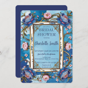 Blue and Pink Peony antique bridal shower Invitation