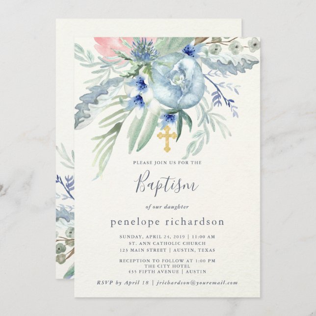Blue and Pink Peony Baptism Invitation (Front/Back)