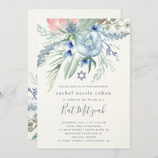 Blue and Pink Peony Bat Mitzvah Invitation (Front/Back)