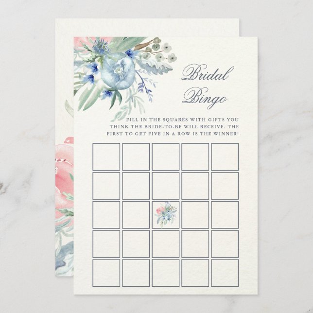 Blue and Pink Peony | Bridal Shower Bingo Game Invitation (Front/Back)