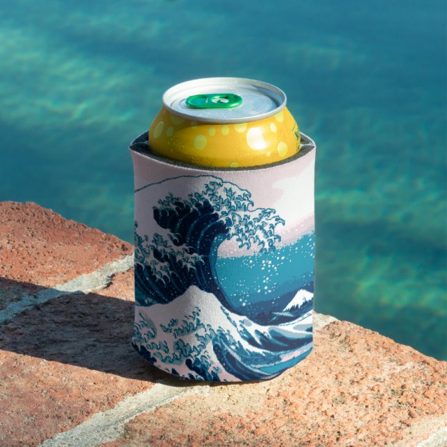 Blue and Pink Pixel Great Wave Can Cooler (In Situ Pool)