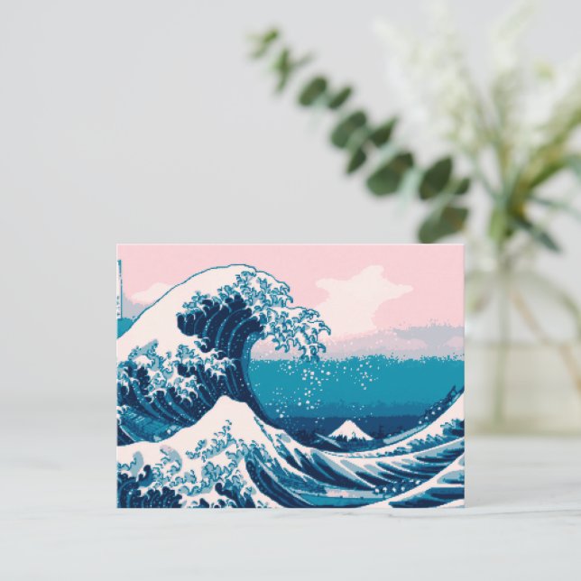 Blue and Pink Pixel Great Wave Postcard (Standing Front)