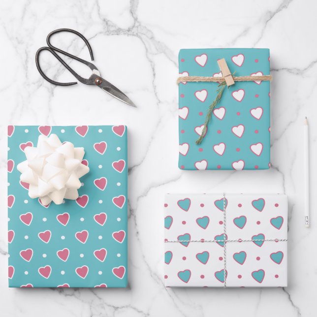 Blue and Pink Polka Dots and Hearts Valentines Wrapping Paper Sheet (Front)