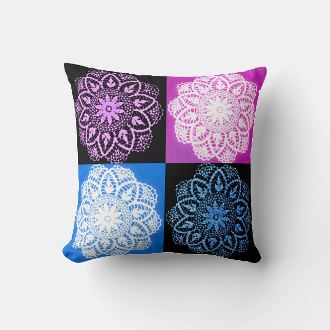 Blue and Pink Pop Art Doily Throw Pillow (Front)