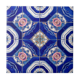 Blue and Pink Portuguese Azulejo Floral Ceramic Tile