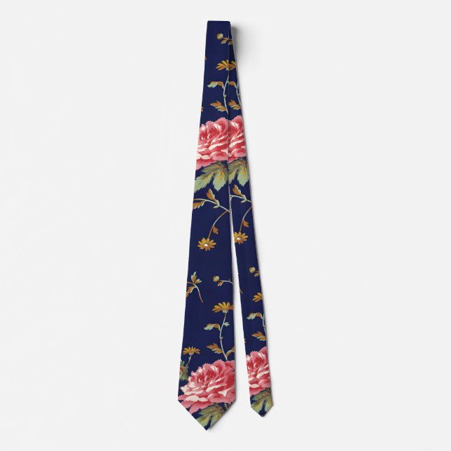 Blue and Pink Retro Floral Design Tie (Front)