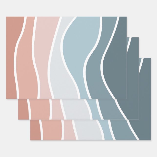 Blue and pink retro style waves design wrapping paper sheet (Set)